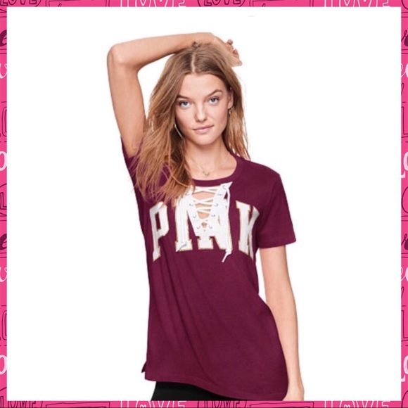 PINK Victoria's Secret Tops - Pink-Campus Lace-Up Tee